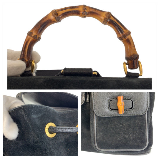 GUCCI Backpack 003 2058 0016 Suede, Leather Black GoldMetal Backpack Backpack Bamboo Women Used Authentic