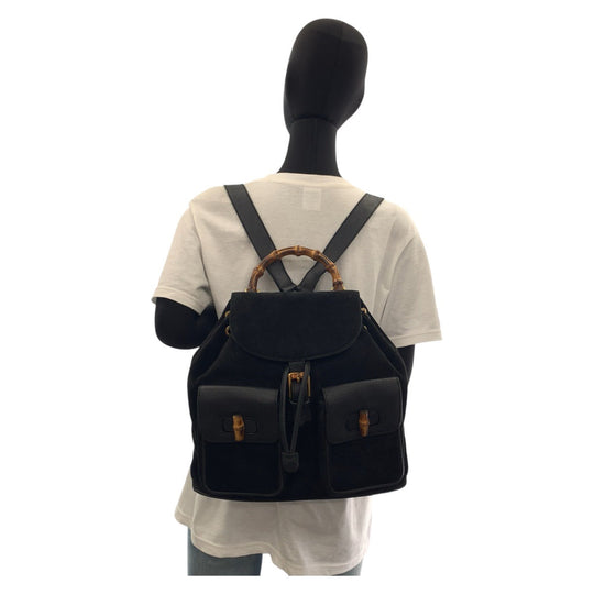 GUCCI Backpack 003 2058 0016 Suede, Leather Black GoldMetal Backpack Backpack Bamboo Women Used Authentic
