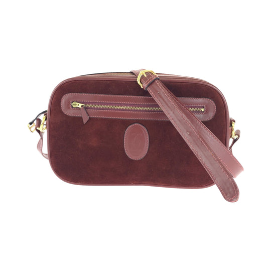 CARTIER Shoulder Bag Suede Bordeaux Gold Metal Shoulder Bag pochette Must Line Women Used Authentic