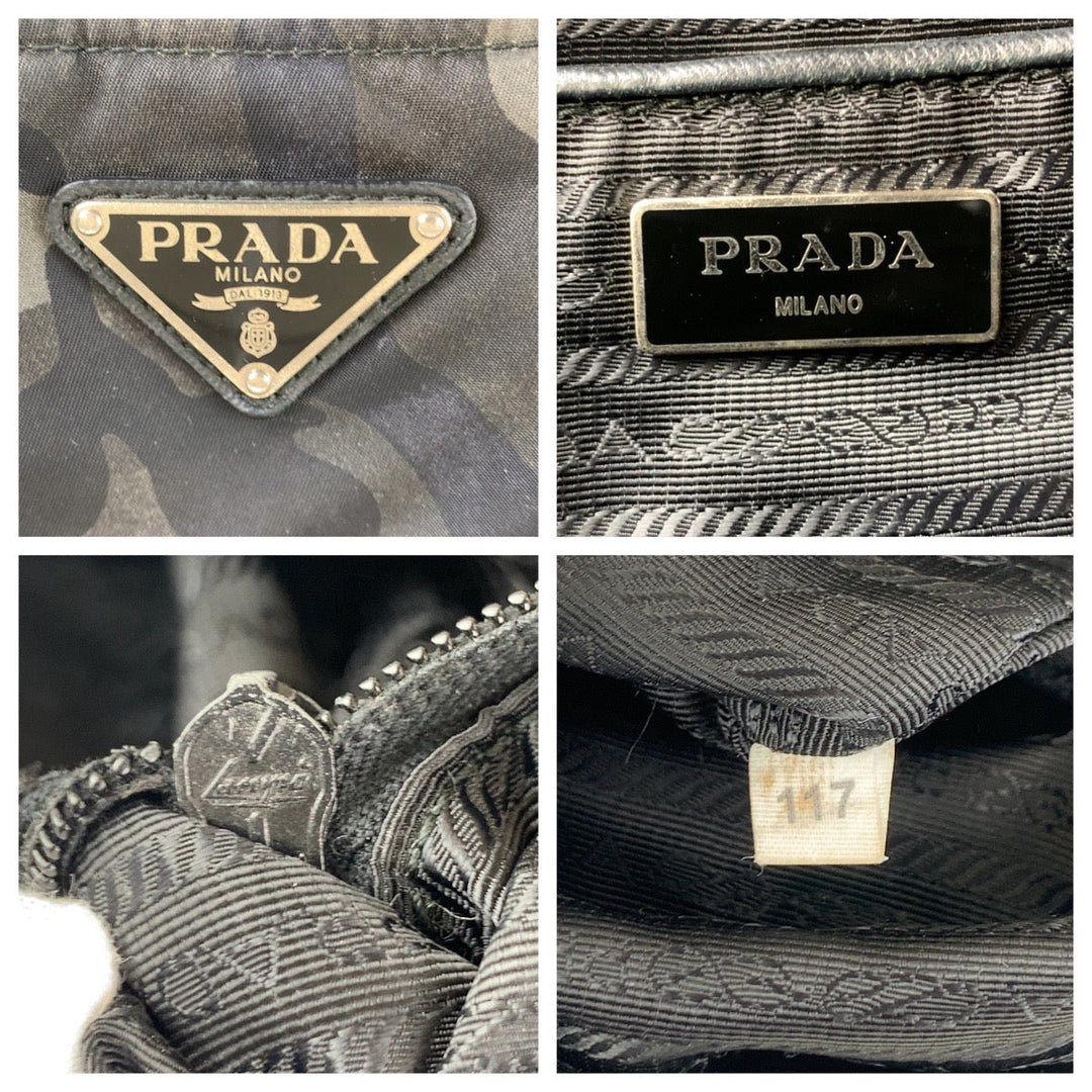PRADA Tote Bag Nylon Khaki SilverMetal Tote Bag Shoulder Bag 2way Tessuto Camouflage Triangle With logo mens Used Authentic