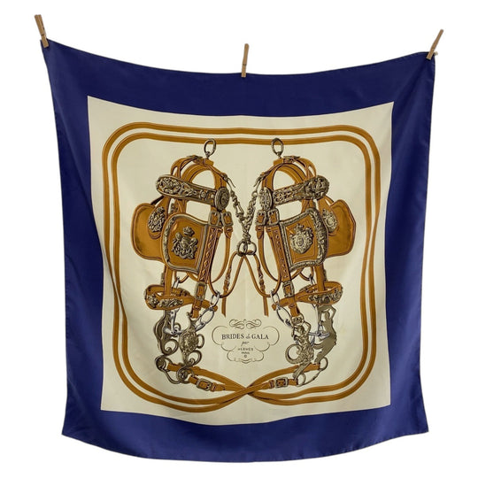 HERMES scarf silk Navy multi-color BRIDES de GALA Ceremony Bridle Carre90 Women Used Authentic