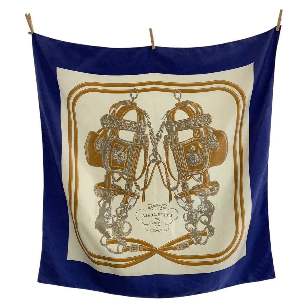 HERMES scarf silk Navy multi-color BRIDES de GALA Ceremony Bridle Carre90 Women Used Authentic