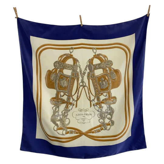 HERMES scarf silk Navy multi-color BRIDES de GALA Ceremony Bridle Carre90 Women Used Authentic