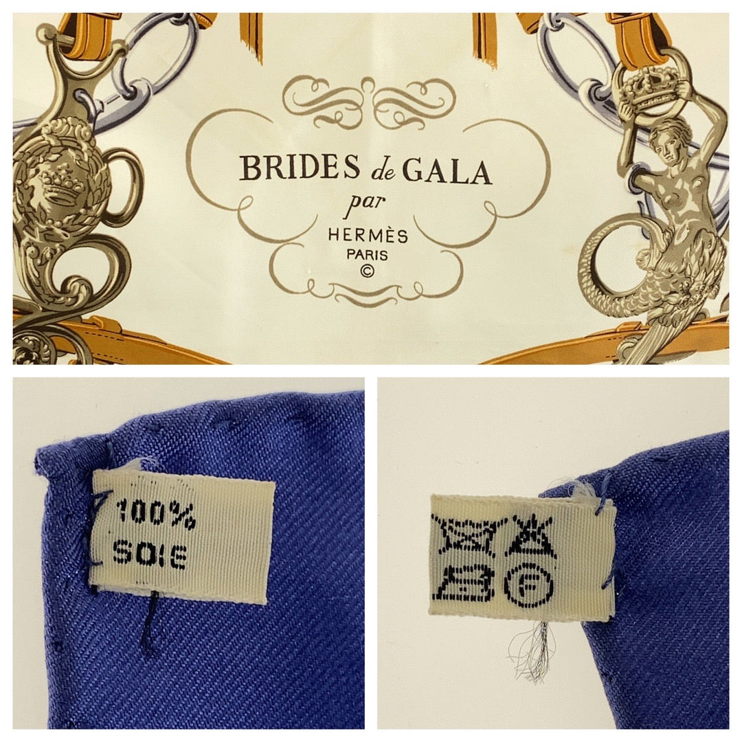 HERMES scarf silk Navy multi-color BRIDES de GALA Ceremony Bridle Carre90 Women Used Authentic