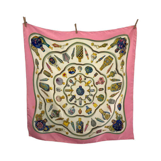 HERMES scarf silk Pink multicolor Large format Calfskin Perfume bottle Carre90 Women Used Authentic
