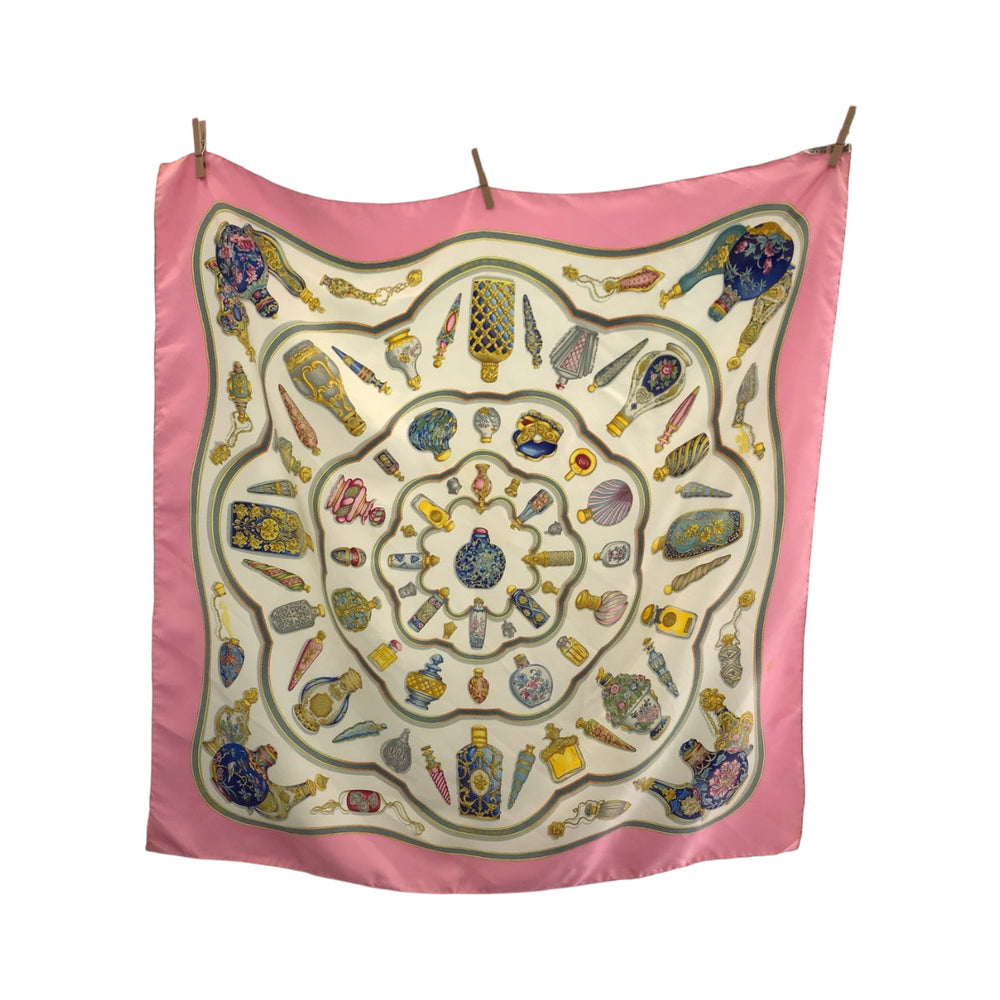 HERMES scarf silk Pink multicolor Large format Calfskin Perfume bottle Carre90 Women Used Authentic