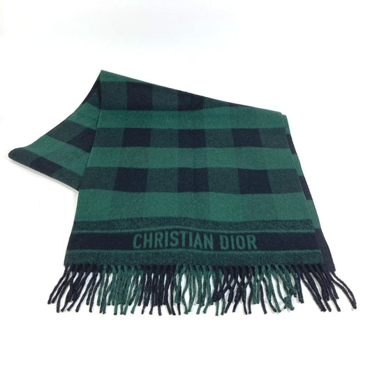 Dior Scarf 95CHE200100 Wool, Angora green logo fringe Check Pattern Women Used Authentic