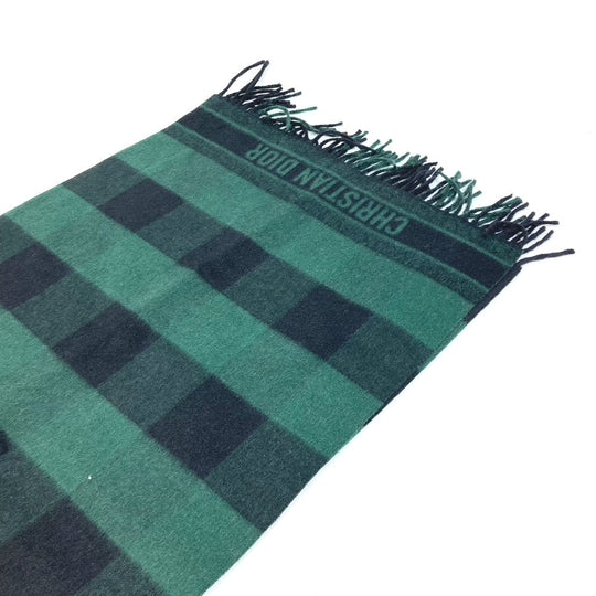 Dior Scarf 95CHE200100 Wool, Angora green logo fringe Check Pattern Women Used Authentic