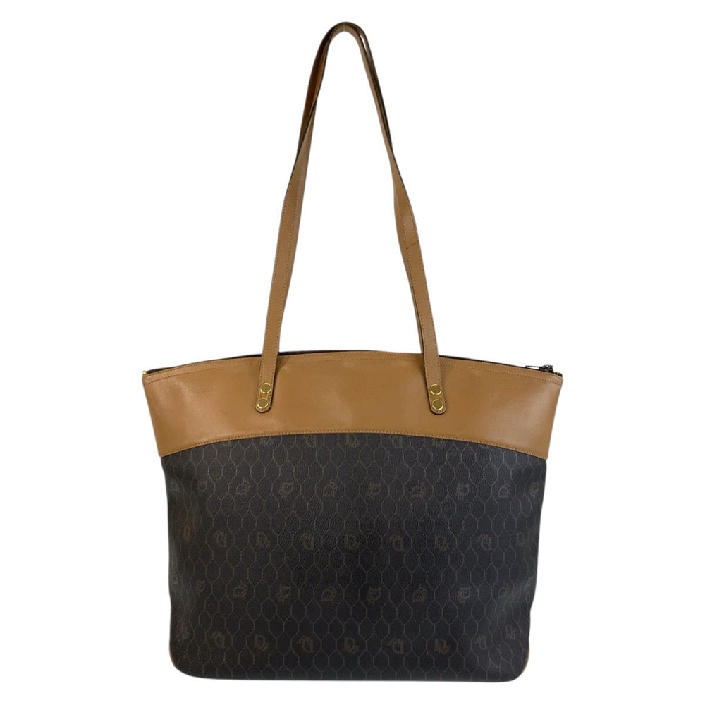 Christian Dior Tote Bag PVC, Leather Brown Camel Gold Metal Tote Bag Shoulder Bag Honeycomb Women Used Authentic