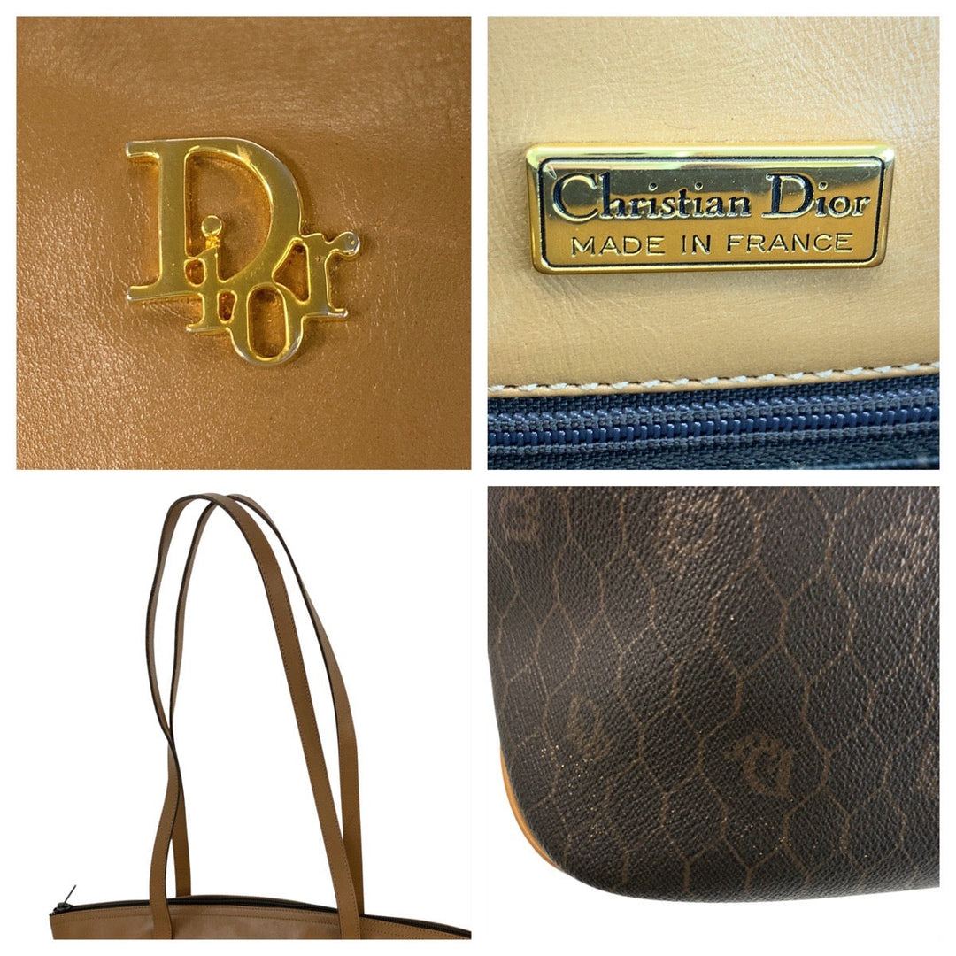 Christian Dior Tote Bag PVC, Leather Brown Camel Gold Metal Tote Bag Shoulder Bag Honeycomb Women Used Authentic
