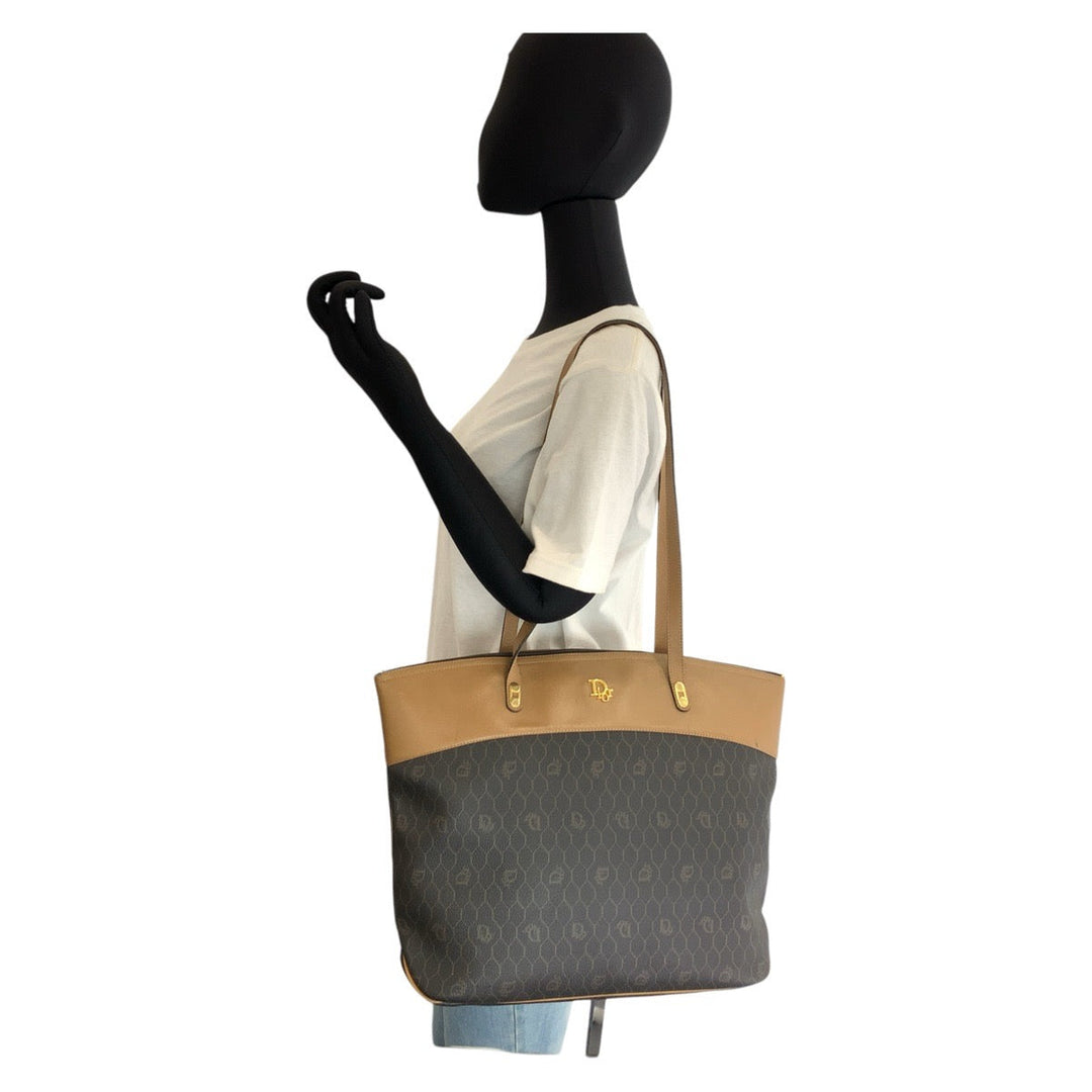 Christian Dior Tote Bag PVC, Leather Brown Camel Gold Metal Tote Bag Shoulder Bag Honeycomb Women Used Authentic