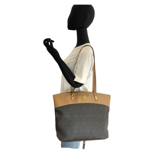 Christian Dior Tote Bag PVC, Leather Brown Camel Gold Metal Tote Bag Shoulder Bag Honeycomb Women Used Authentic