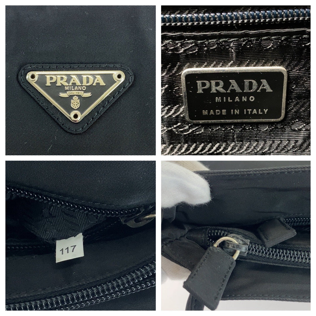 PRADA Shoulder Bag B6242 Nylon Black SilverMetal Shoulder Bag Tote Bag Test Triangle With logo Women Used Authentic
