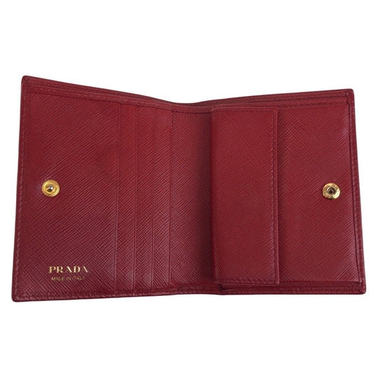 PRADA Bifold Wallet leather Red Gold Metal Folding wallet Compact wallet Safiano Women Used Authentic