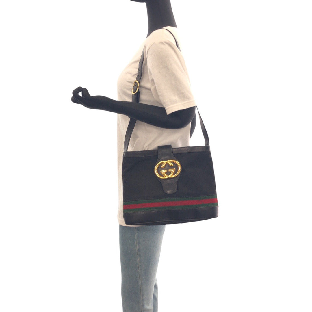 GUCCI Shoulder Bag GG canvas, leather Black GoldMetal Old Gucci Shelly Line Interlocking Women(Unisex) Used Authentic