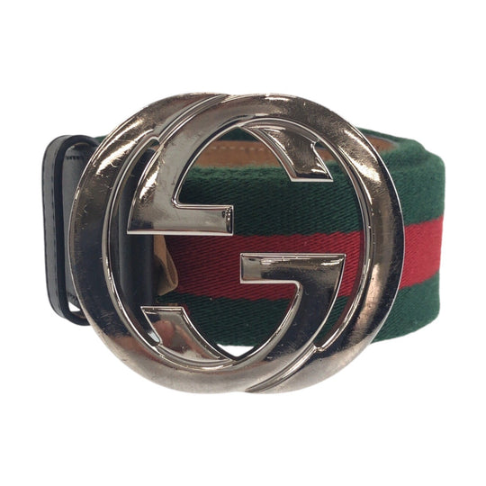 GUCCI belt 411924 Canvas, Leather Green Black SilverMetal Belts Unisex Sherry line Interlocking mens 34 Used Authentic