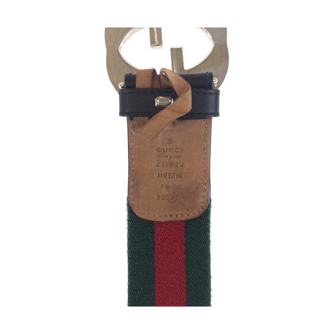 GUCCI belt 411924 Canvas, Leather Green Black SilverMetal Belts Unisex Sherry line Interlocking mens 34 Used Authentic
