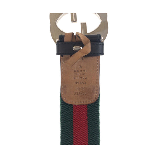 GUCCI belt 411924 Canvas, Leather Green Black SilverMetal Belts Unisex Sherry line Interlocking mens 34 Used Authentic