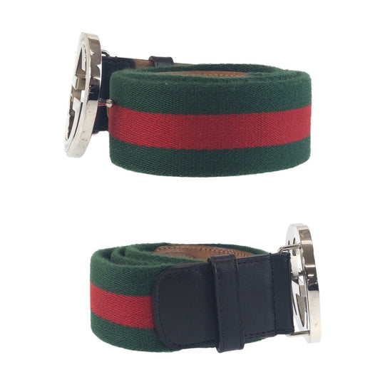 GUCCI belt 411924 Canvas, Leather Green Black SilverMetal Belts Unisex Sherry line Interlocking mens 34 Used Authentic