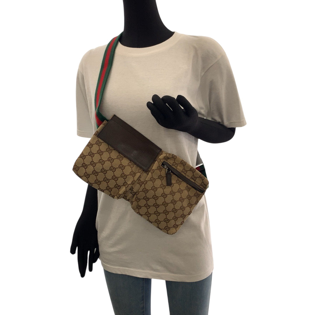 GUCCI Waist bag 28566 GG canvas Brown Red Green SilverMetal Waist Bag Bum Bag Sherry line mens(Unisex) Used Authentic