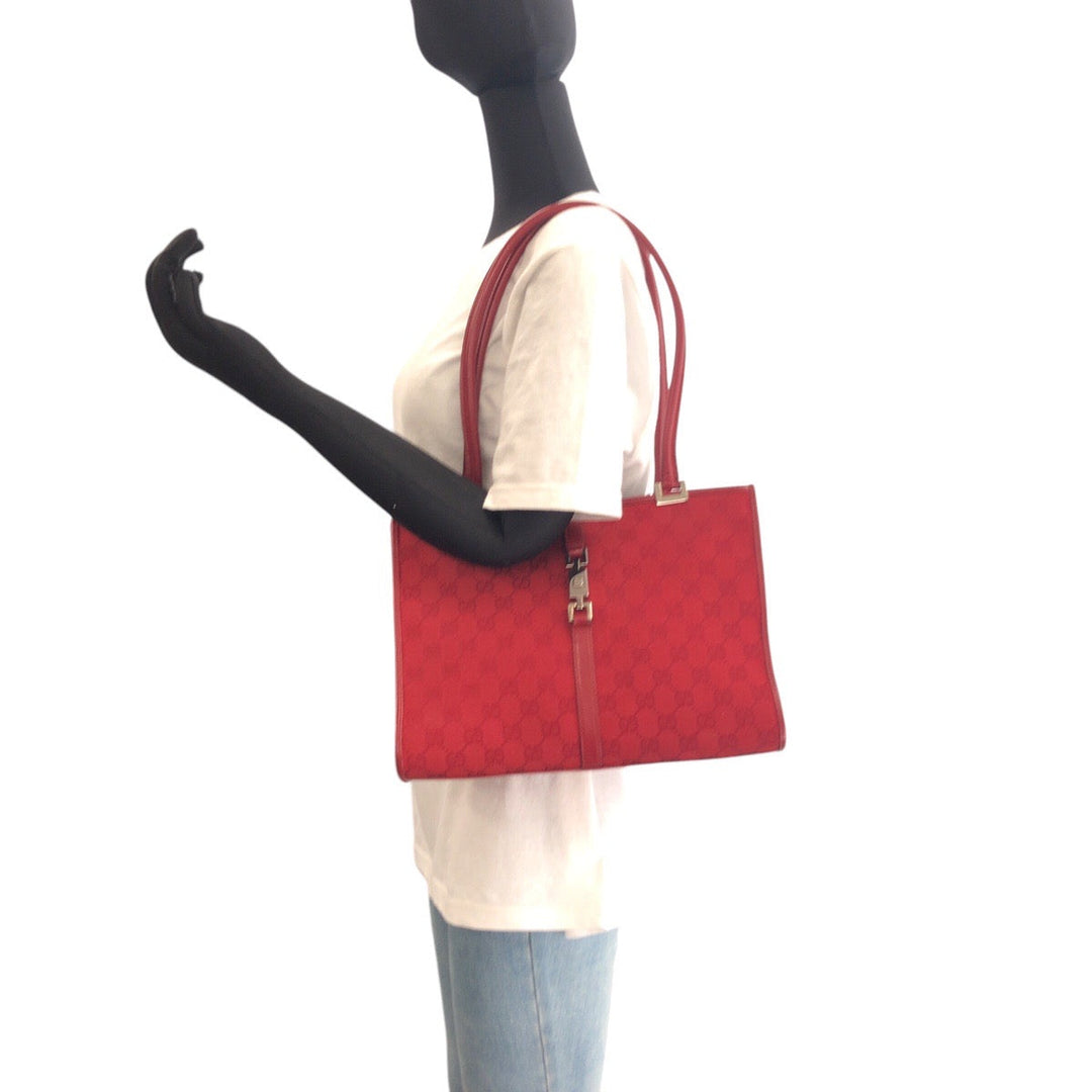GUCCI Shoulder Bag 002 1073 GG canvas, leather Red Silver Metal Shoulder Bag handbag Jackie Women Used Authentic