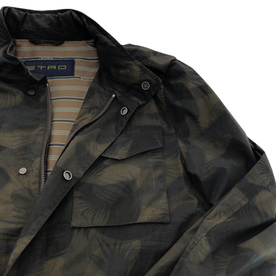 ETRO Military jacket Nylon Khaki SilverMetal Jacquet Military Jacket Botanical Pattern mens L Used Authentic