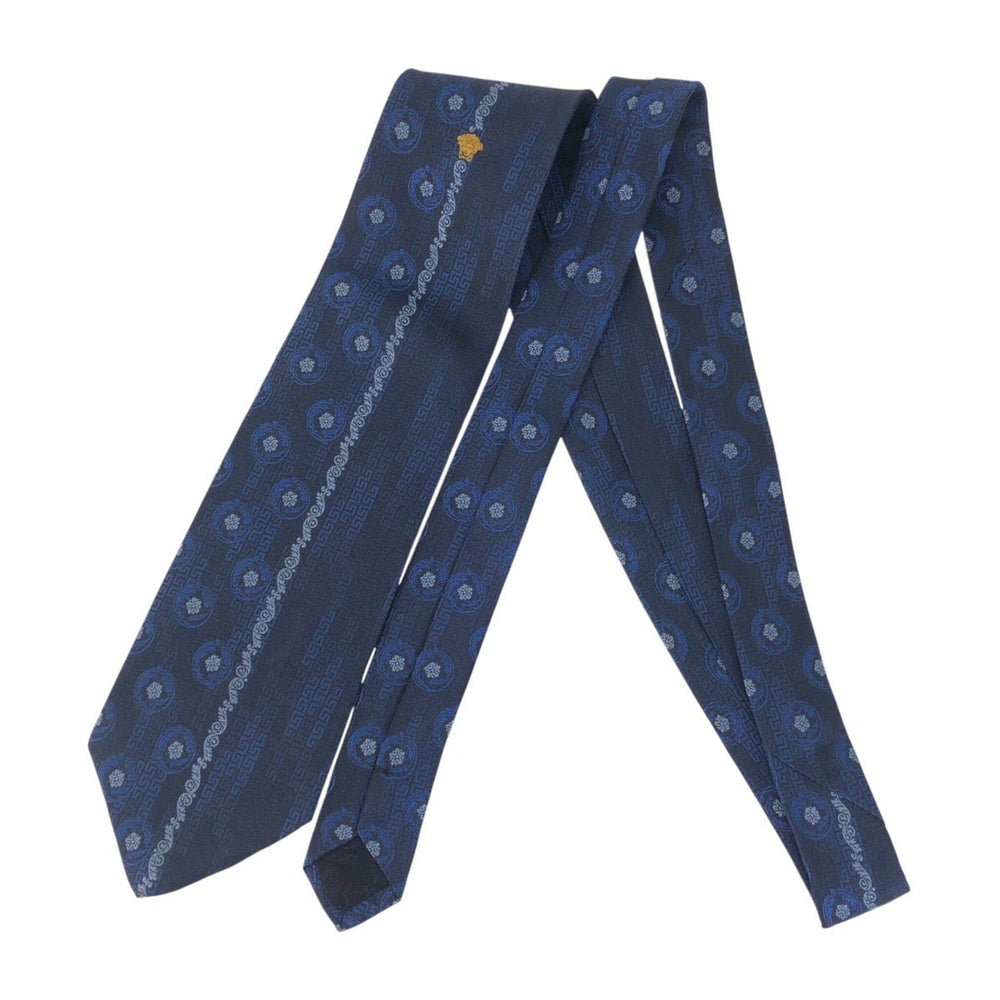 VERSACE tie silk Navy blue Medusa With logo mens Used Authentic