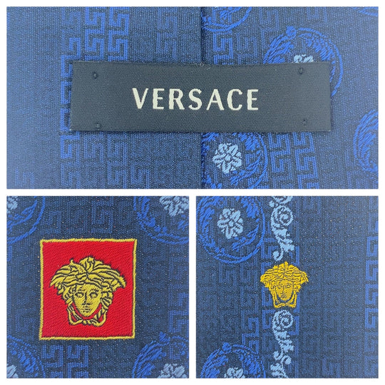 VERSACE tie silk Navy blue Medusa With logo mens Used Authentic