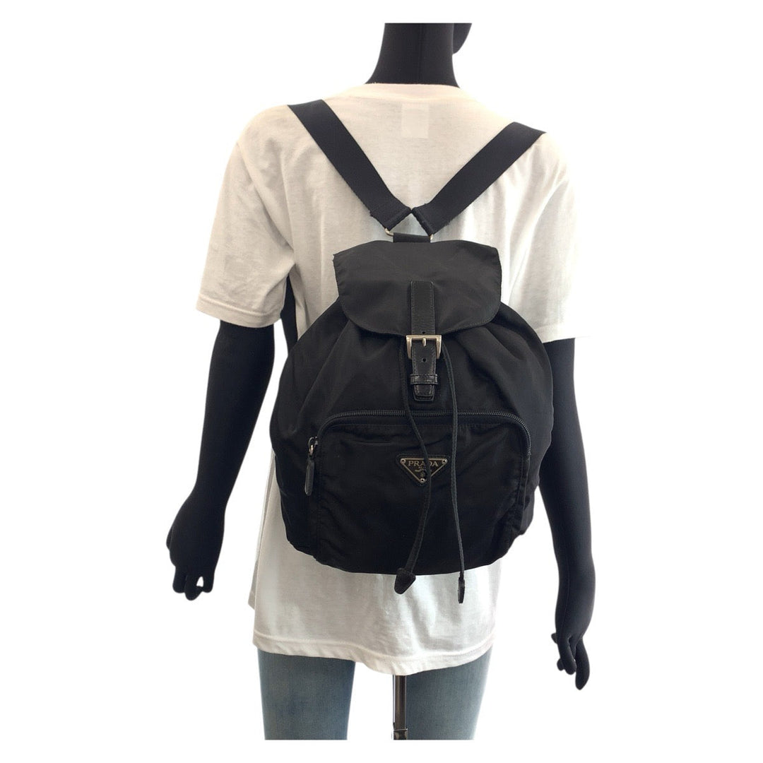 PRADA Backpack Nylon Black SilverMetal Backpack Backpack Test Triangle With logo Women Used Authentic