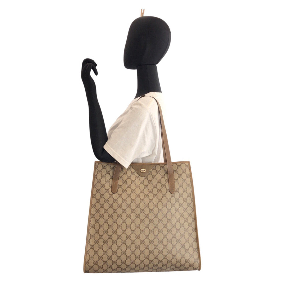 GUCCI Tote Bag 92 02 998 GG Supreme canvas, leather Beige Gold Metal Tote Bag Shoulder Bag Old Gucci Women(Unisex) Used Authentic