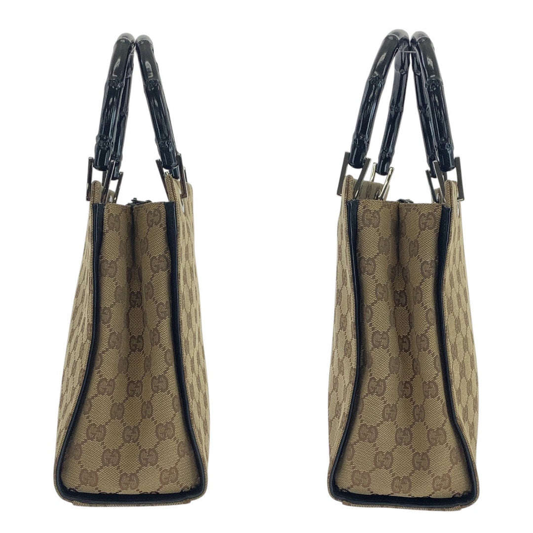 GUCCI Tote Bag 002 1016 GG canvas Beige Black SilverMetal Tote Bag handbag Bamboo Women Used Authentic