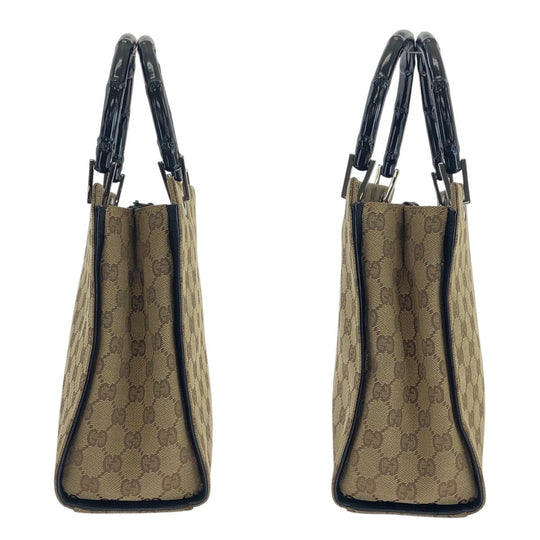 GUCCI Tote Bag 002 1016 GG canvas Beige Black SilverMetal Tote Bag handbag Bamboo Women Used Authentic
