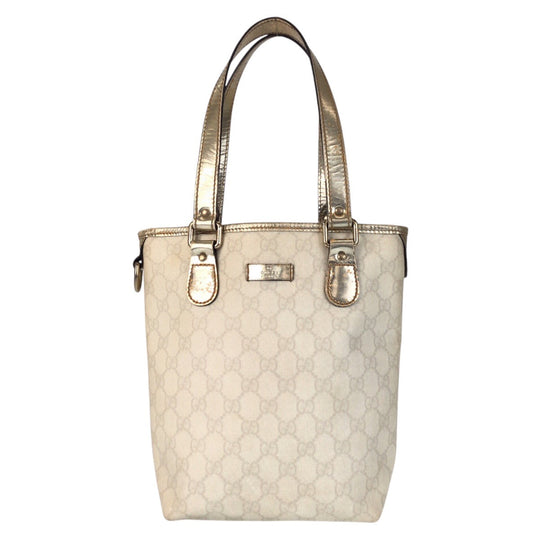 GUCCI Tote Bag 189897 GG Supreme canvas, leather White Gold Metal Tote Bag Shoulder Bag Women Used Authentic