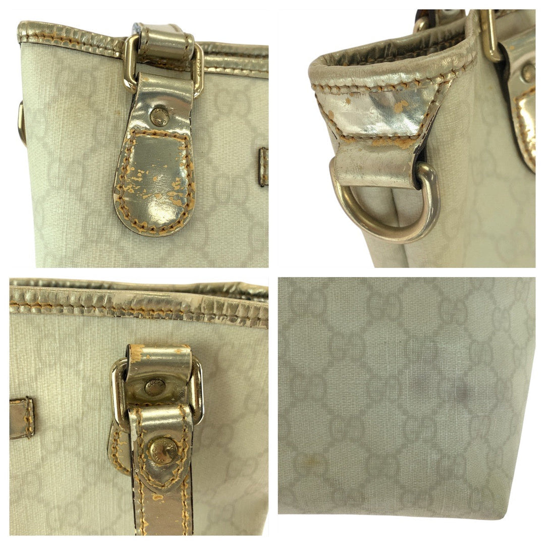 GUCCI Tote Bag 189897 GG Supreme canvas, leather White Gold Metal Tote Bag Shoulder Bag Women Used Authentic