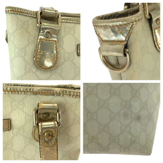 GUCCI Tote Bag 189897 GG Supreme canvas, leather White Gold Metal Tote Bag Shoulder Bag Women Used Authentic