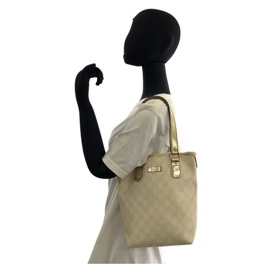 GUCCI Tote Bag 189897 GG Supreme canvas, leather White Gold Metal Tote Bag Shoulder Bag Women Used Authentic