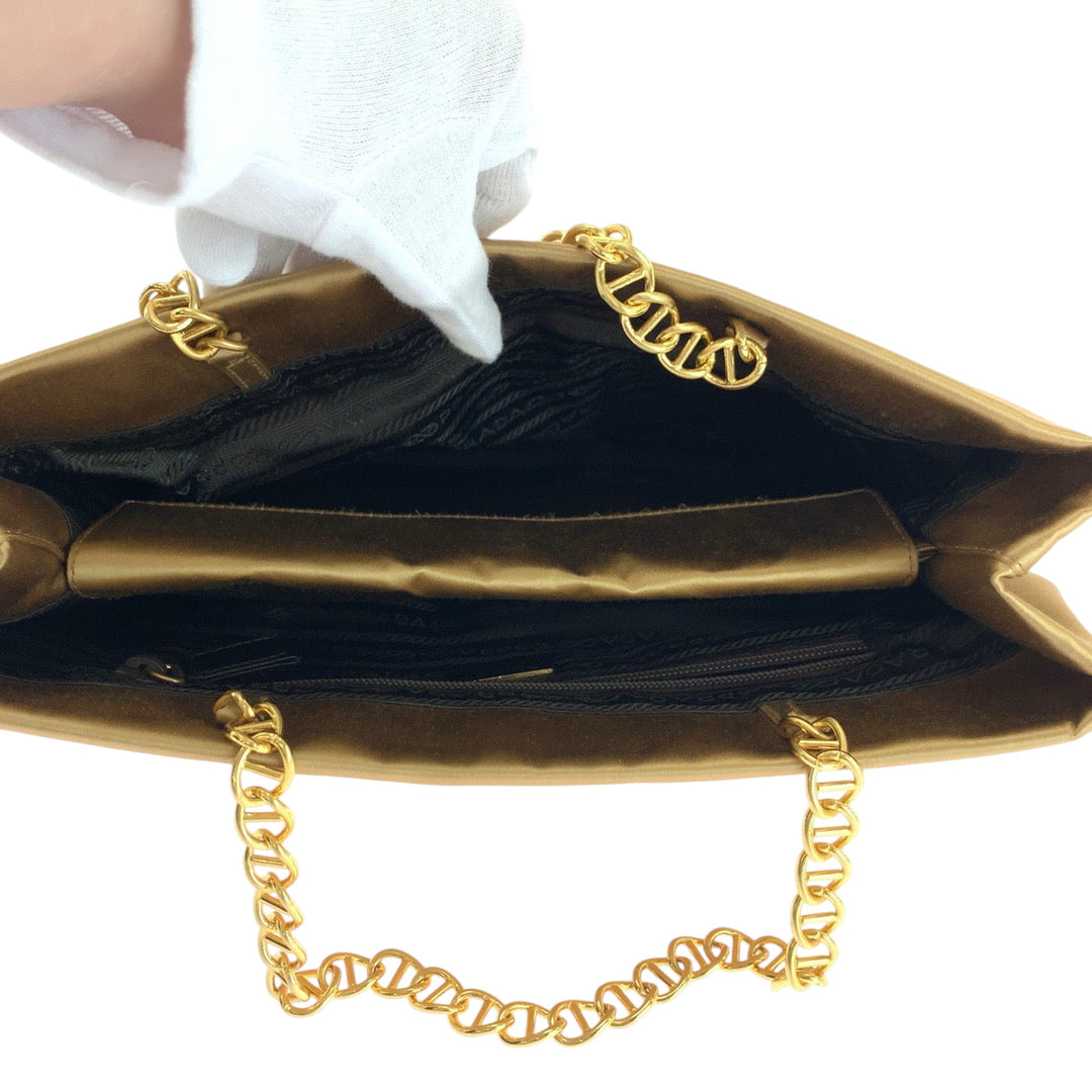 PRADA Tote Bag Satin Gold Metal chain tote bag Women Used Authentic