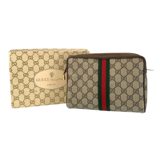 GUCCI Clutch bag 32 014 3553 GG Supreme canvas, leather Beige Brown Gold Metal Sherry Line Old Gucci Women Used Authentic