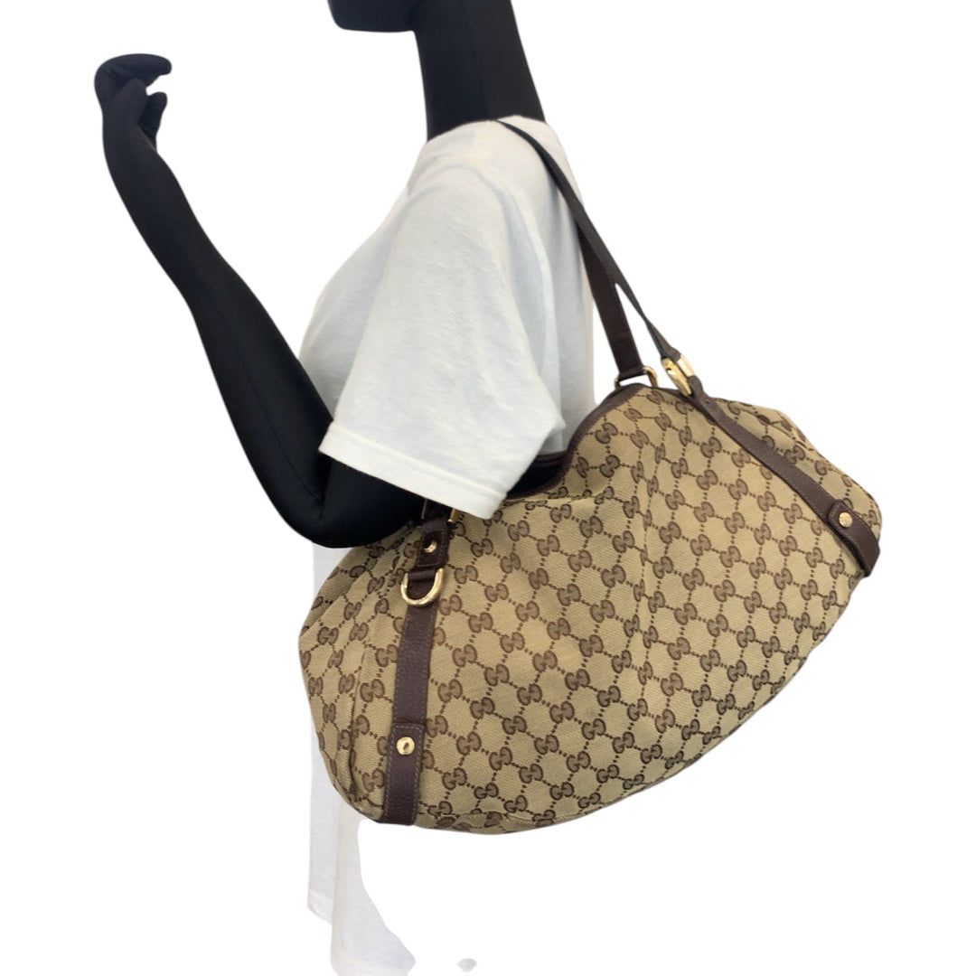 GUCCI Tote Bag 130736 GG canvas Brown Gold Metal Tote Bag Shoulder Bag Women Used Authentic