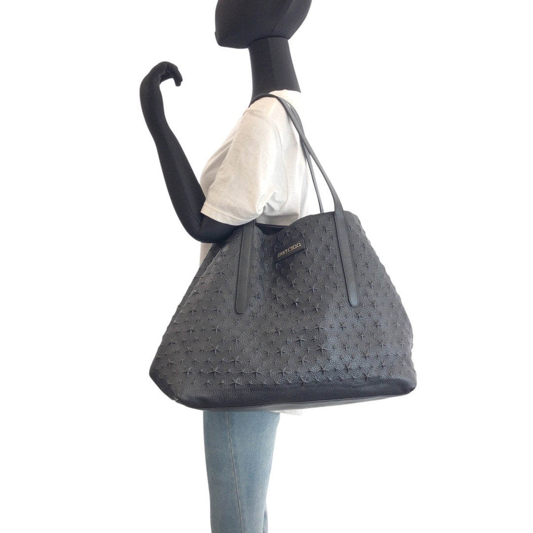 JIMMY CHOO Tote Bag leather Black SilverMetal Star emboss Sofia
