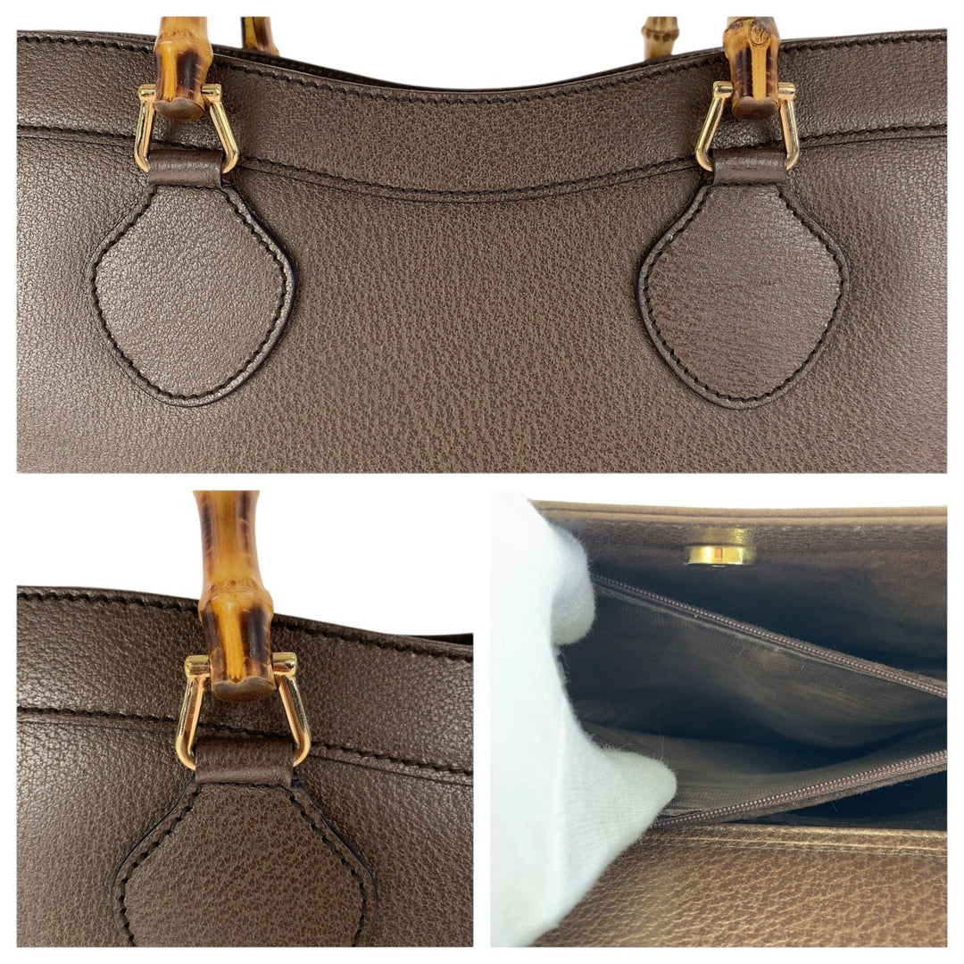 GUCCI Tote Bag 002 0260 leather Brown Gold Metal Old Gucci Bamboo Diana