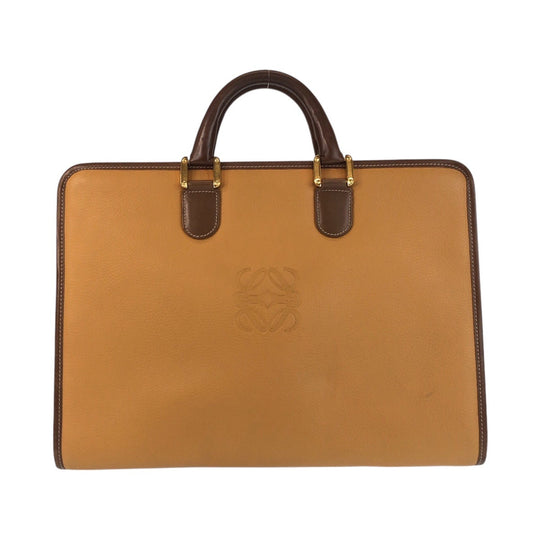 LOEWE Business bag leather Camel Brown Gold Metal Business bag briefcase anagram mens Used Authentic