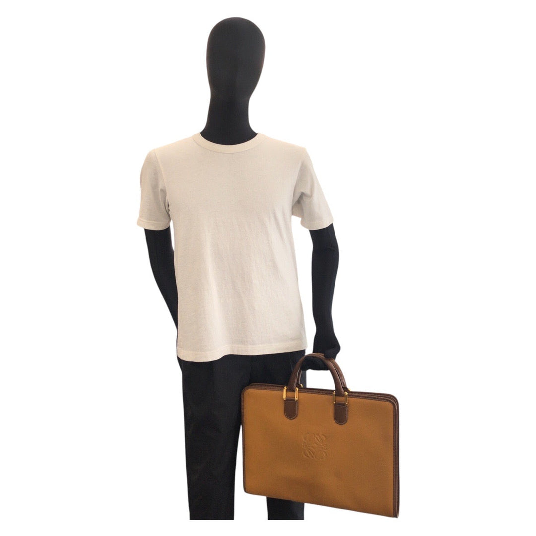 LOEWE Business bag leather Camel Brown Gold Metal Business bag briefcase anagram mens Used Authentic