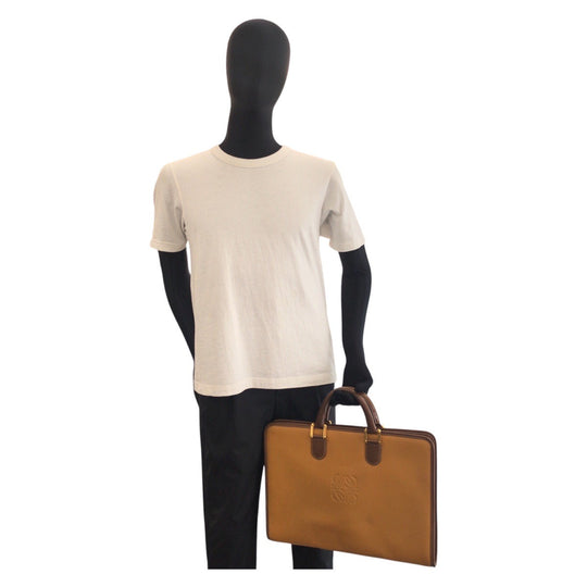 LOEWE Business bag leather Camel Brown Gold Metal Business bag briefcase anagram mens Used Authentic