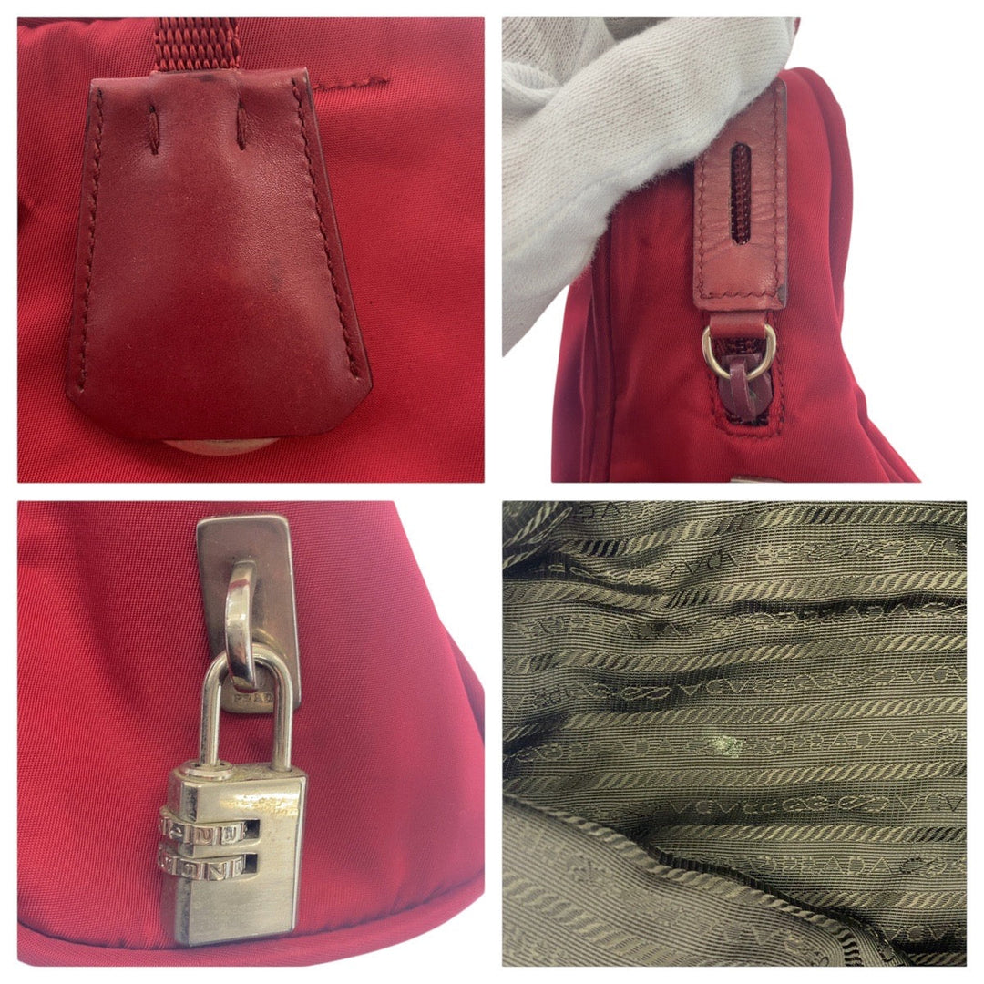 PRADA Shoulder Bag Nylon Red Silver Metal Test Triangle With logo Women Used Authentic