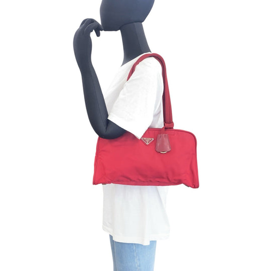 PRADA Shoulder Bag Nylon Red Silver Metal Test Triangle With logo Women Used Authentic