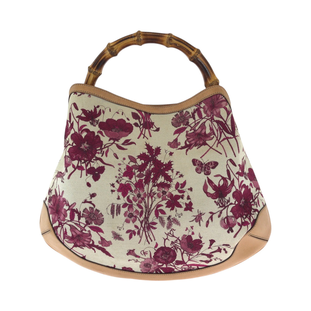 GUCCI Shoulder Bag 169961 canvas White Brown Pink Gold Metal Shoulder Bag Handbag 2way Bamboo flora Women Used Authentic