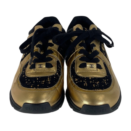 CHANEL sneakers Leather, Tweed Gold black Sneakers low cut COCO Mark Women 37.5 Used Authentic