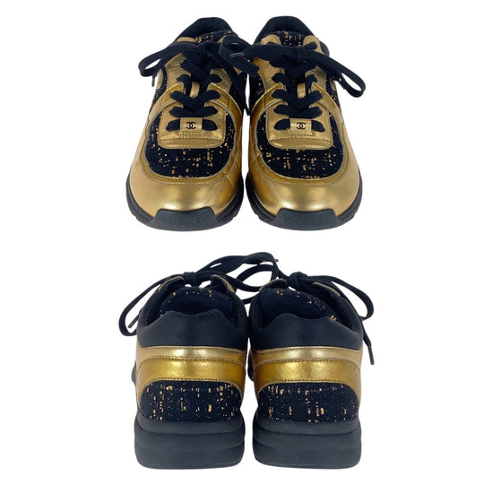 CHANEL sneakers Leather, Tweed Gold black Sneakers low cut COCO Mark Women 37.5 Used Authentic