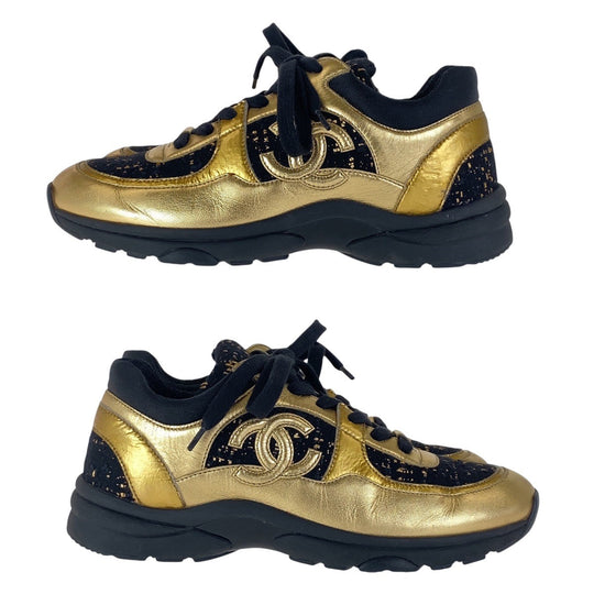 CHANEL sneakers Leather, Tweed Gold black Sneakers low cut COCO Mark Women 37.5 Used Authentic